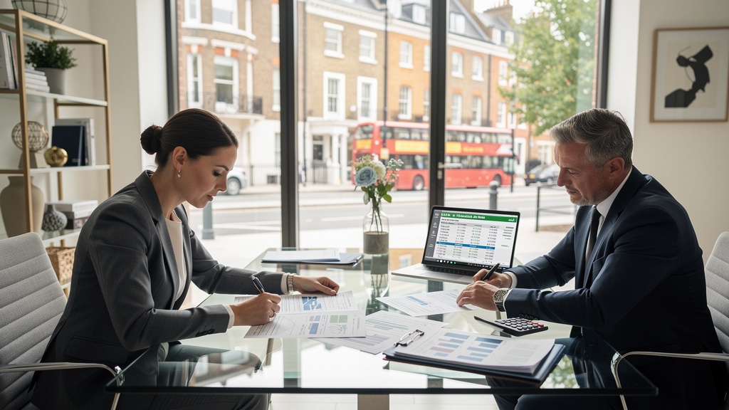 Property vendor reviewing capital gains tax calculations with an advisor