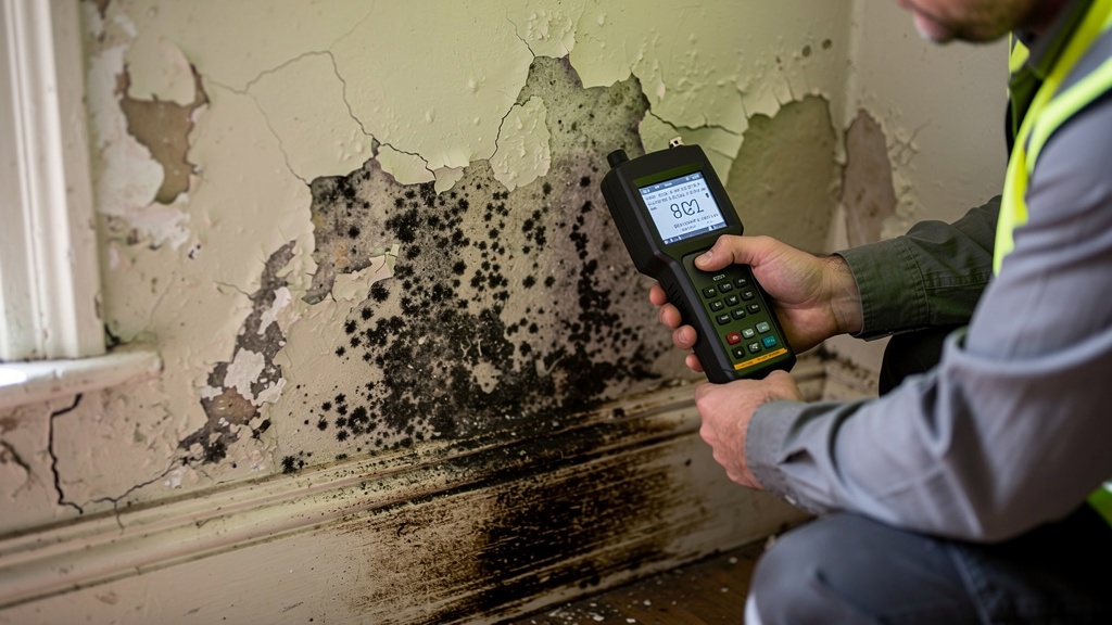 Damp and black mould on a Victorian property wall with surveyor using moisture meter