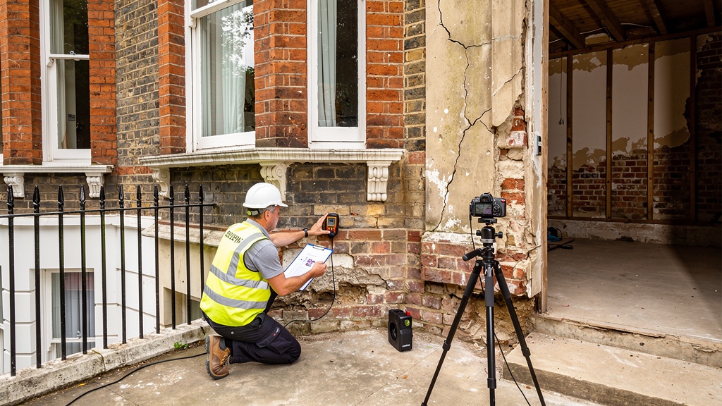 Building surveyor carrying out a full Level 3 structural building survey in a Victorian London property