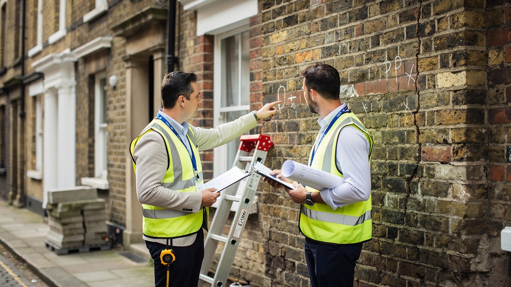 Two party wall surveyors inspecting a shared wall between adjacent London terraced houses