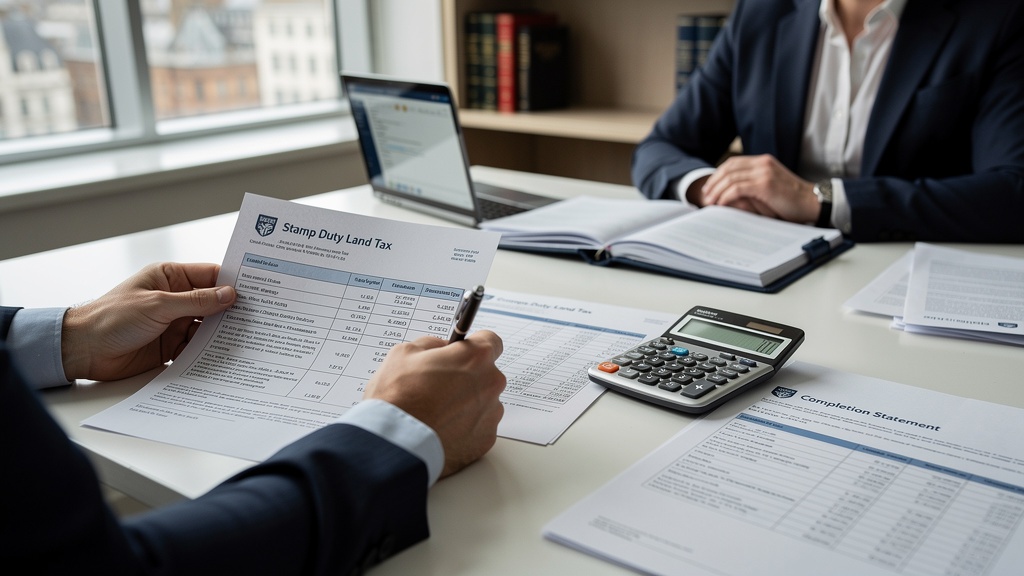 Property buyer signing stamp duty land tax documents at a solicitor's office